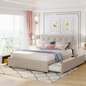Upholstered Platform Bed With Drawers And Twin XL Trundle - Omega Lifestyles
