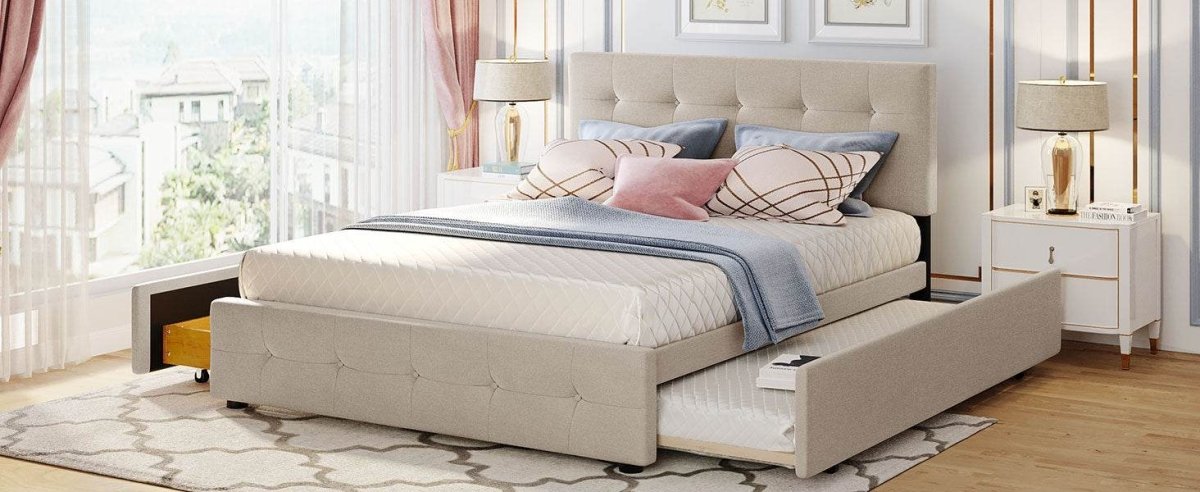 Upholstered Platform Bed With Drawers And Twin XL Trundle - Omega Lifestyles
