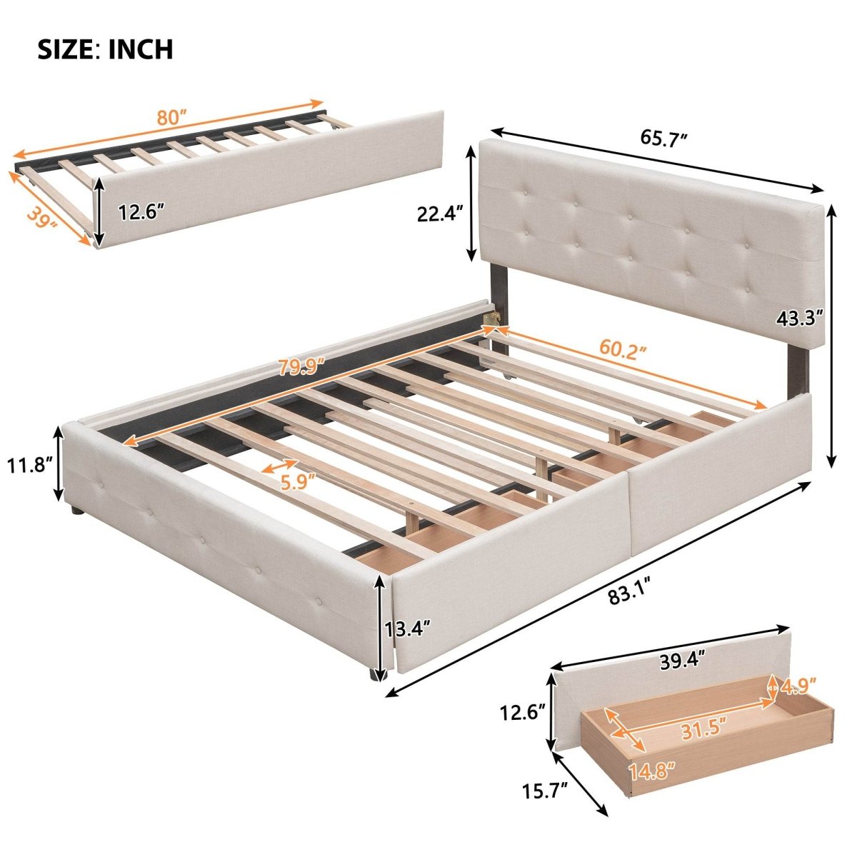 Upholstered Platform Bed With Drawers And Twin XL Trundle - Omega Lifestyles