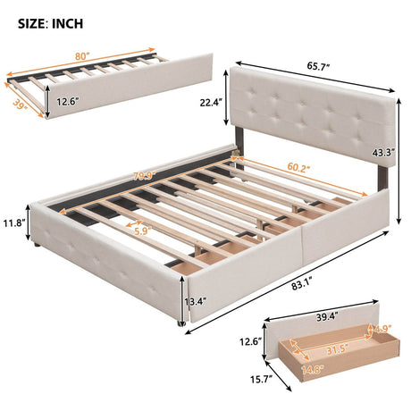 Upholstered Platform Bed With Drawers And Twin XL Trundle - Omega Lifestyles