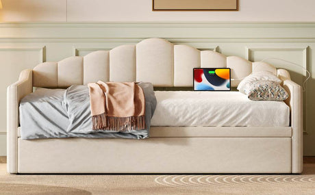 Upholstered Twin Velvet Daybed With Adjustable Trundle And USB Charging - Omega Lifestyles