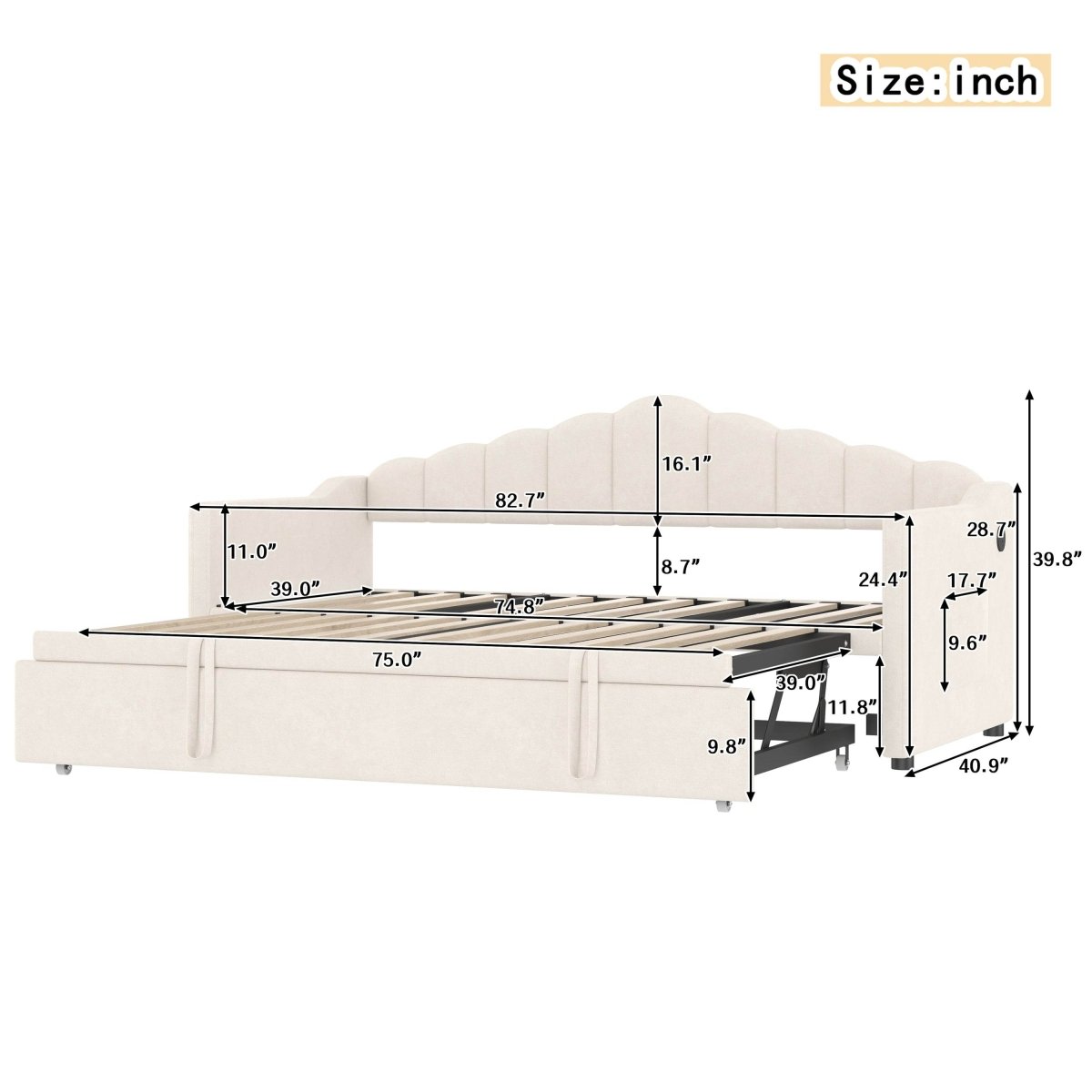 Upholstered Twin Velvet Daybed With Adjustable Trundle And USB Charging - Omega Lifestyles