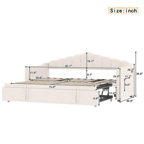 Upholstered Twin Velvet Daybed With Adjustable Trundle And USB Charging - Omega Lifestyles