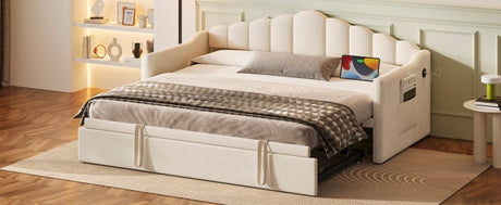 Upholstered Twin Velvet Daybed With Adjustable Trundle And USB Charging - Omega Lifestyles