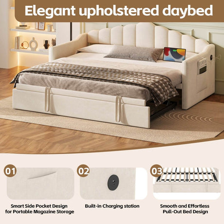 Upholstered Twin Velvet Daybed With Adjustable Trundle And USB Charging - Omega Lifestyles