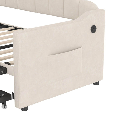 Upholstered Twin Velvet Daybed With Adjustable Trundle And USB Charging - Omega Lifestyles