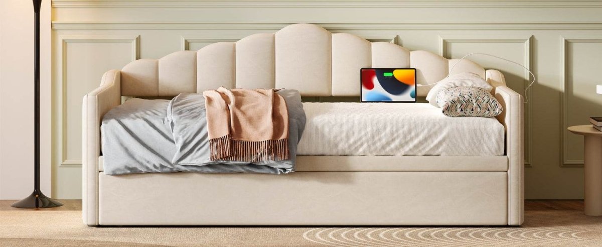 Upholstered Twin Velvet Daybed With Adjustable Trundle And USB Charging - Omega Lifestyles