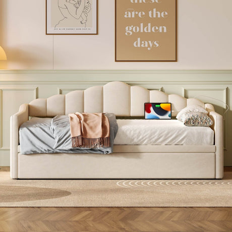 Upholstered Twin Velvet Daybed With Adjustable Trundle And USB Charging - Omega Lifestyles