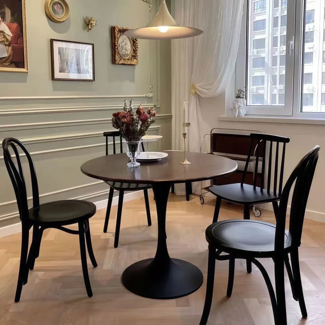 Walnut Modern Round MDF Metal Base Dining Table - Omega Lifestyles