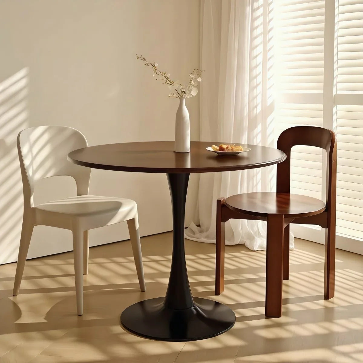 Walnut Modern Round MDF Metal Base Dining Table - Omega Lifestyles