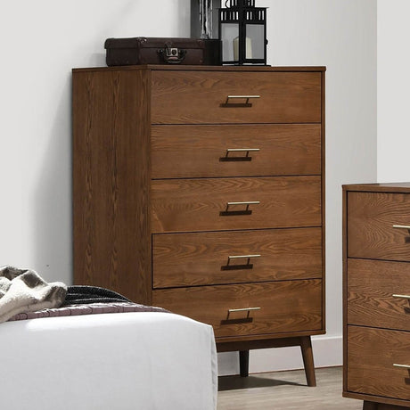 Walnut Solid Wood 5 - Drawer Chest Of Drawers - Serenova - Omega Lifestyles