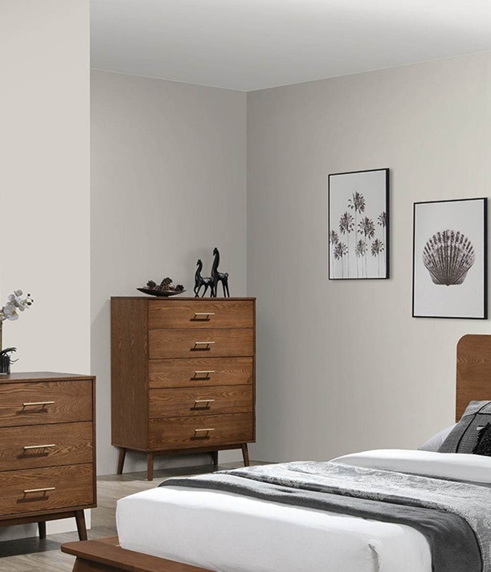Walnut Solid Wood 5 - Drawer Chest Of Drawers - Serenova - Omega Lifestyles