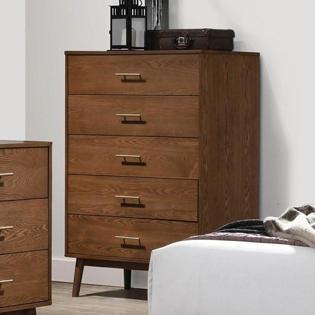 Walnut Solid Wood 5 - Drawer Chest Of Drawers - Serenova - Omega Lifestyles