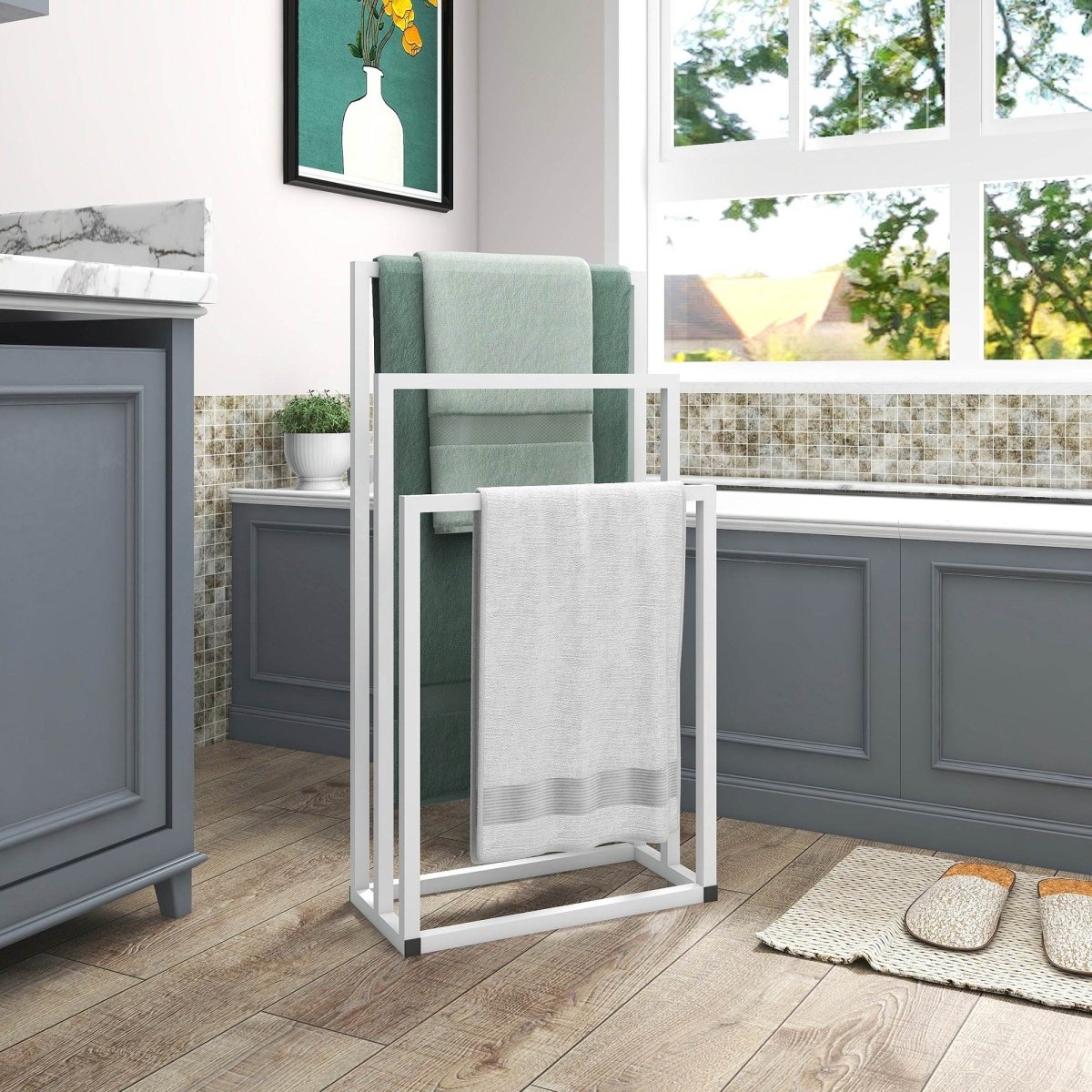 White Chrome Finish Metal Freestanding 3 - Tier Towel Rack - Serenova - Omega Lifestyles