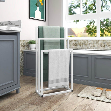 White Chrome Finish Metal Freestanding 3 - Tier Towel Rack - Serenova - Omega Lifestyles