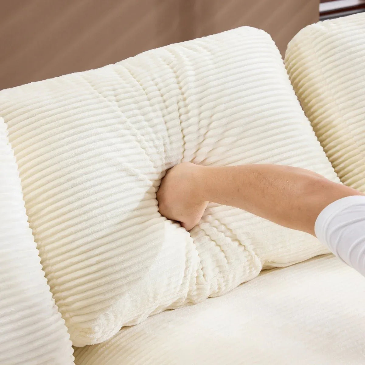 White Corduroy Compressed 4-Seat Medium-Soft Sofa With Pillows - Omega Lifestyles