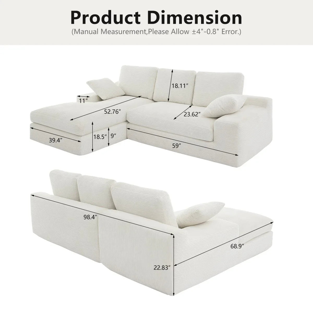 White Corduroy Compressed 4-Seat Medium-Soft Sofa With Pillows - Omega Lifestyles