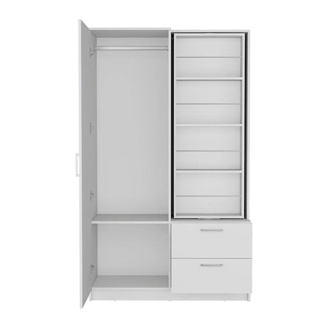 White Engineered Wood Armoire With Mirror Drawers Shelves - Omega Lifestyles