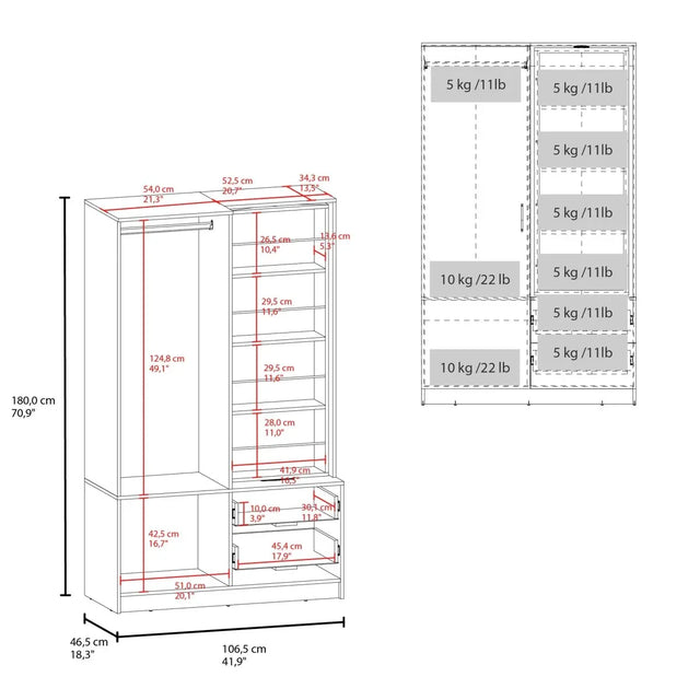 White Engineered Wood Armoire With Mirror Drawers Shelves - Omega Lifestyles
