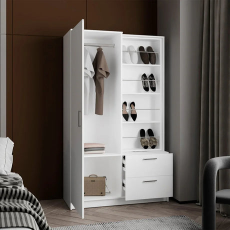 White Engineered Wood Armoire With Mirror Drawers Shelves - Omega Lifestyles