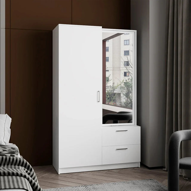 White Engineered Wood Armoire With Mirror Drawers Shelves - Omega Lifestyles
