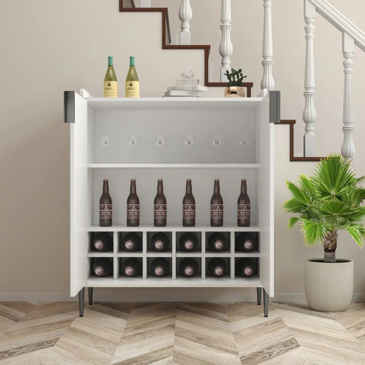 White Engineered Wood Wine Bar Cabinet With Storage - Omega Lifestyles