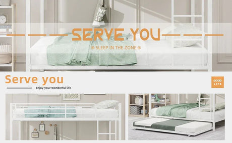 White Iron Full Trundle Bunk Bed With Safety Rails - Omega Lifestyles