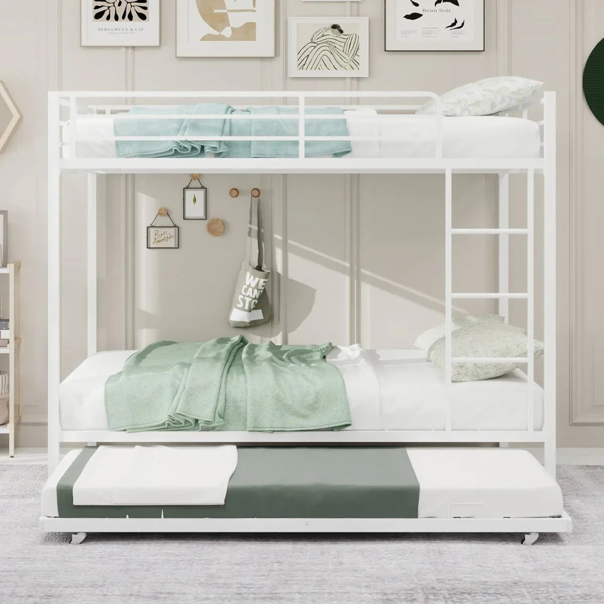 White Iron Full Trundle Bunk Bed With Safety Rails - Omega Lifestyles