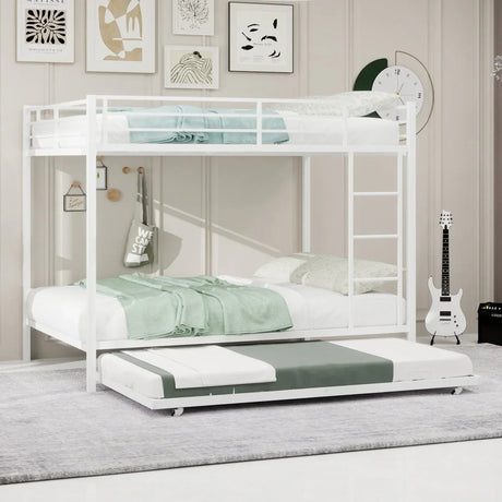 White Iron Full Trundle Bunk Bed With Safety Rails - Omega Lifestyles
