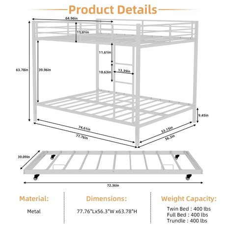 White Iron Full Trundle Bunk Bed With Safety Rails - Omega Lifestyles