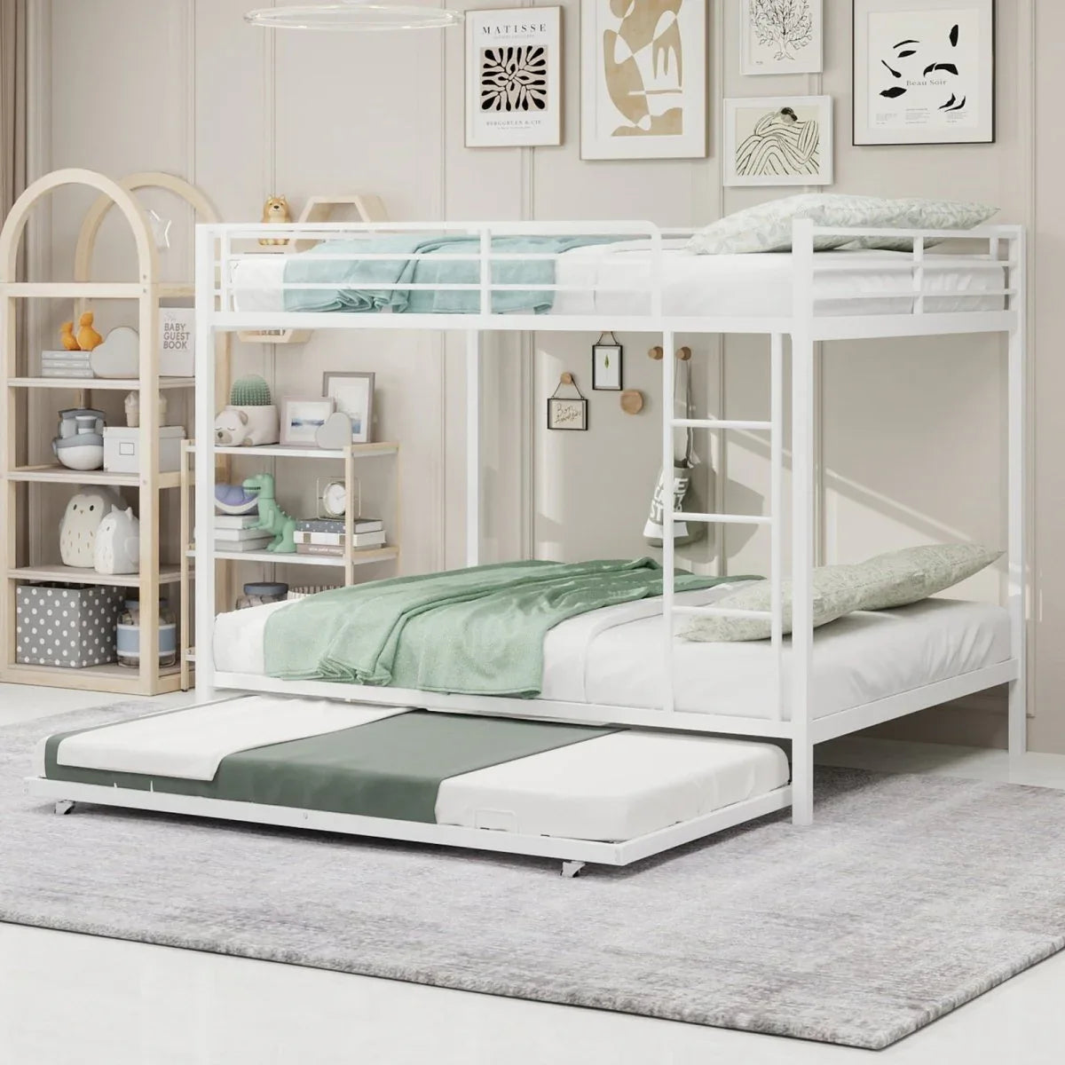 White Iron Full Trundle Bunk Bed With Safety Rails - Omega Lifestyles