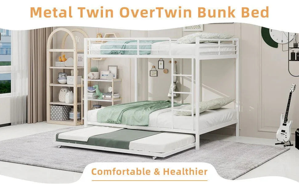 White Iron Full Trundle Bunk Bed With Safety Rails - Omega Lifestyles