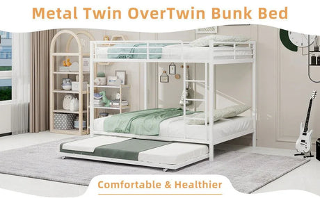 White Iron Full Trundle Bunk Bed With Safety Rails - Omega Lifestyles
