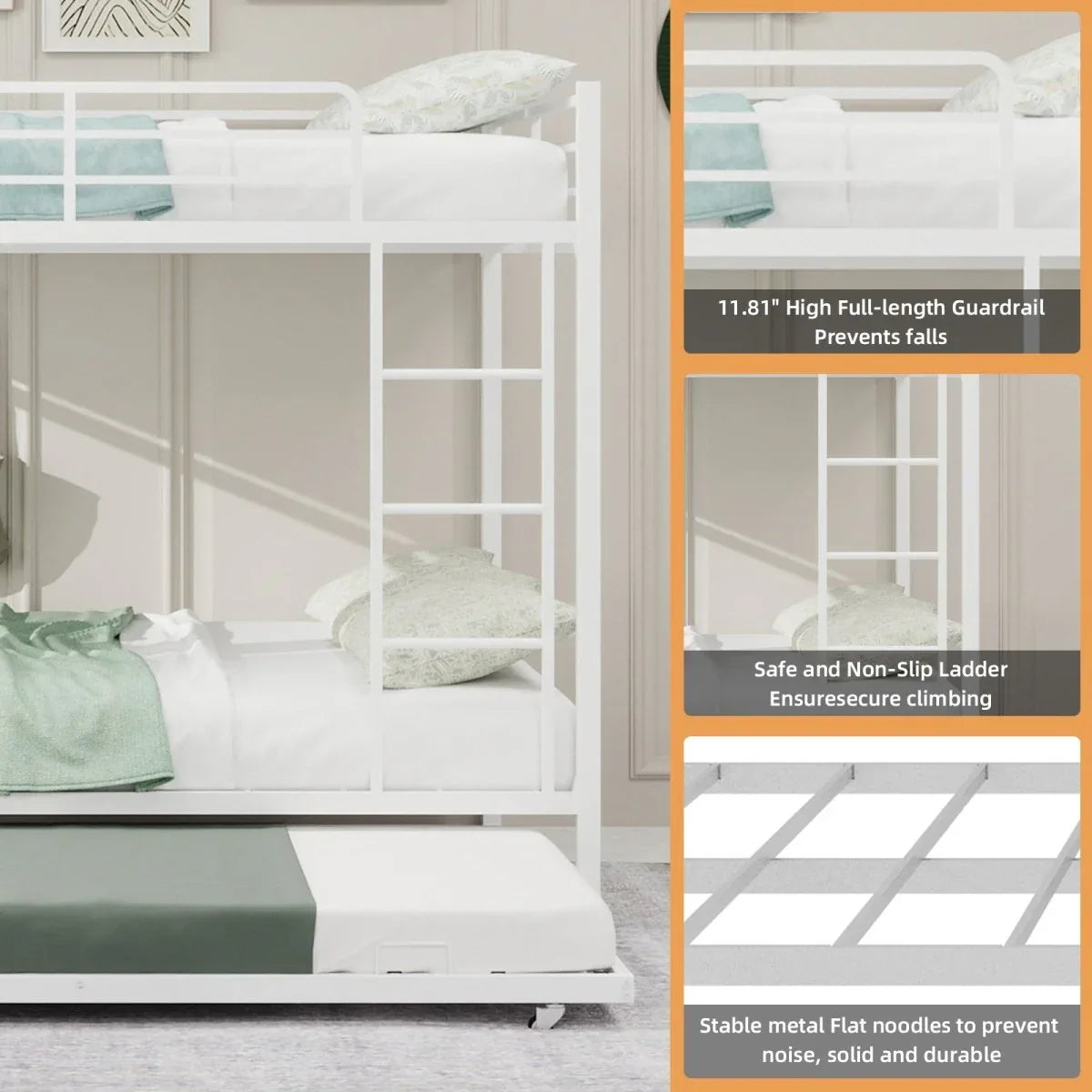 White Iron Full Trundle Bunk Bed With Safety Rails - Omega Lifestyles