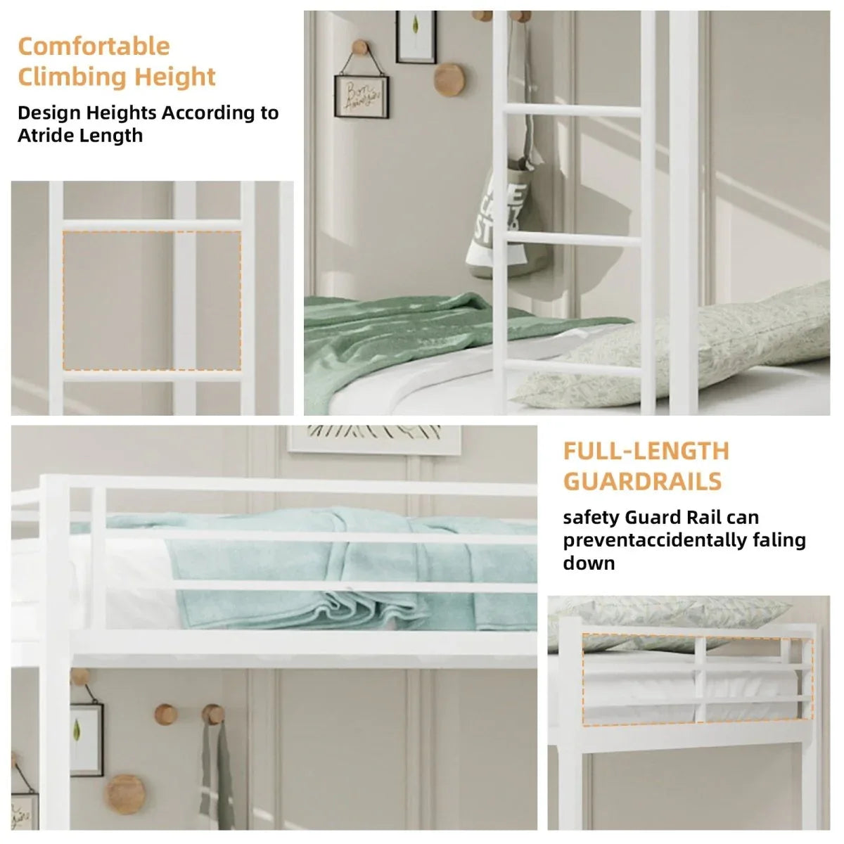 White Iron Full Trundle Bunk Bed With Safety Rails - Omega Lifestyles