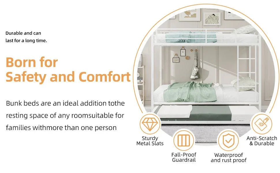 White Iron Full Trundle Bunk Bed With Safety Rails - Omega Lifestyles