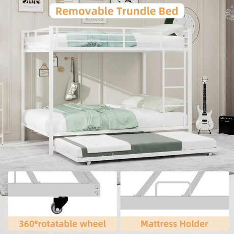 White Iron Full Trundle Bunk Bed With Safety Rails - Omega Lifestyles