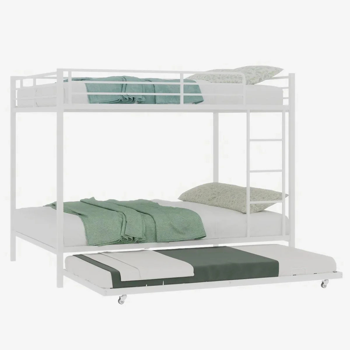White Iron Full Trundle Bunk Bed With Safety Rails - Omega Lifestyles