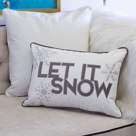White Velvet Embroidered Let It Snow Lumbar Pillow 14x20 - Serenova - Omega Lifestyles