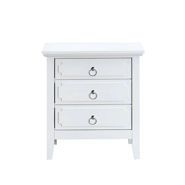White Wood 3-Drawer Nightstand With Polished Nickel Hardware - Omega Lifestyles