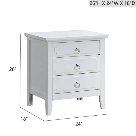 White Wood 3-Drawer Nightstand With Polished Nickel Hardware - Omega Lifestyles