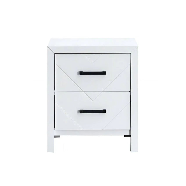 White Wood V Shape Embossed 2 Drawer Nightstand - Omega Lifestyles