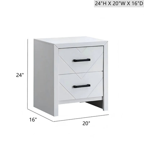 White Wood V Shape Embossed 2 Drawer Nightstand - Omega Lifestyles