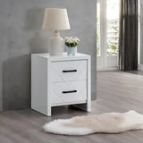 White Wood V Shape Embossed 2 Drawer Nightstand - Omega Lifestyles