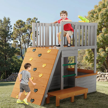 Wooden Outdoor Kids Playhouse With Lookout Post Telescope - Omega Lifestyles