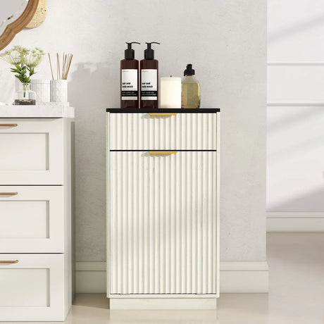 Woodgrain Tilt-Out Trash Can Cabinet With Drawer - Omega Lifestyles