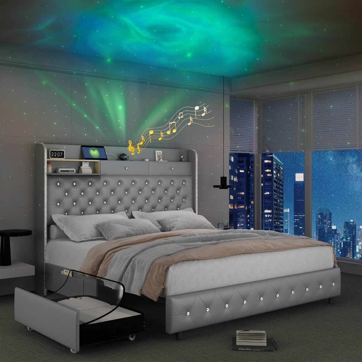 LED Bed Frame with Star Projector and Storage Drawers - Omega Lifestyles