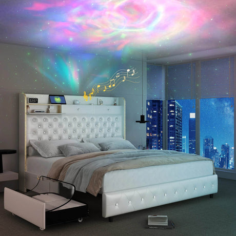 LED Bed Frame with Star Projector and Storage Drawers - Omega Lifestyles