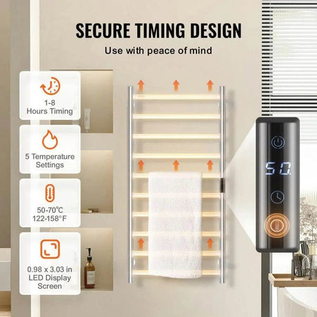 10-Bar Towel Warmer Rack Wall-Mounted Heated Towel Rack Bathroom Silver - Sleep Galleria