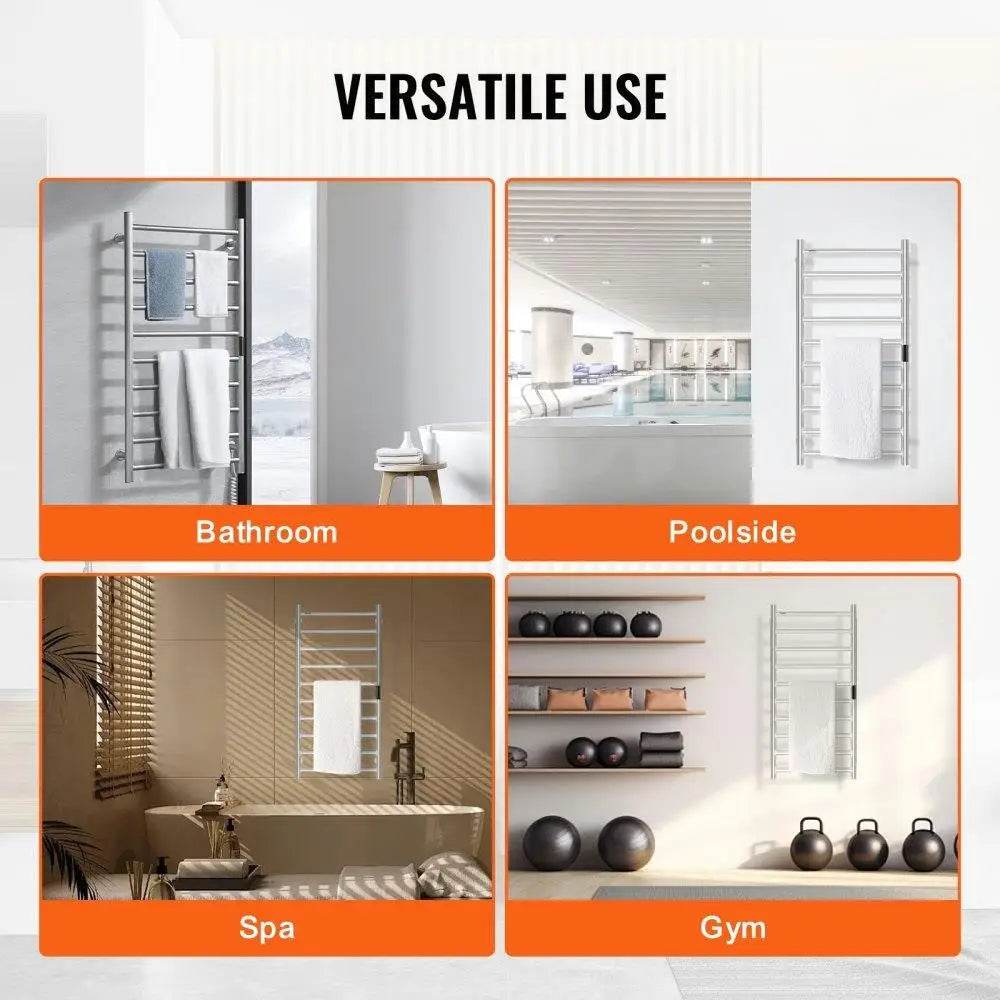 10-Bar Towel Warmer Rack Wall-Mounted Heated Towel Rack Bathroom Silver - Sleep Galleria